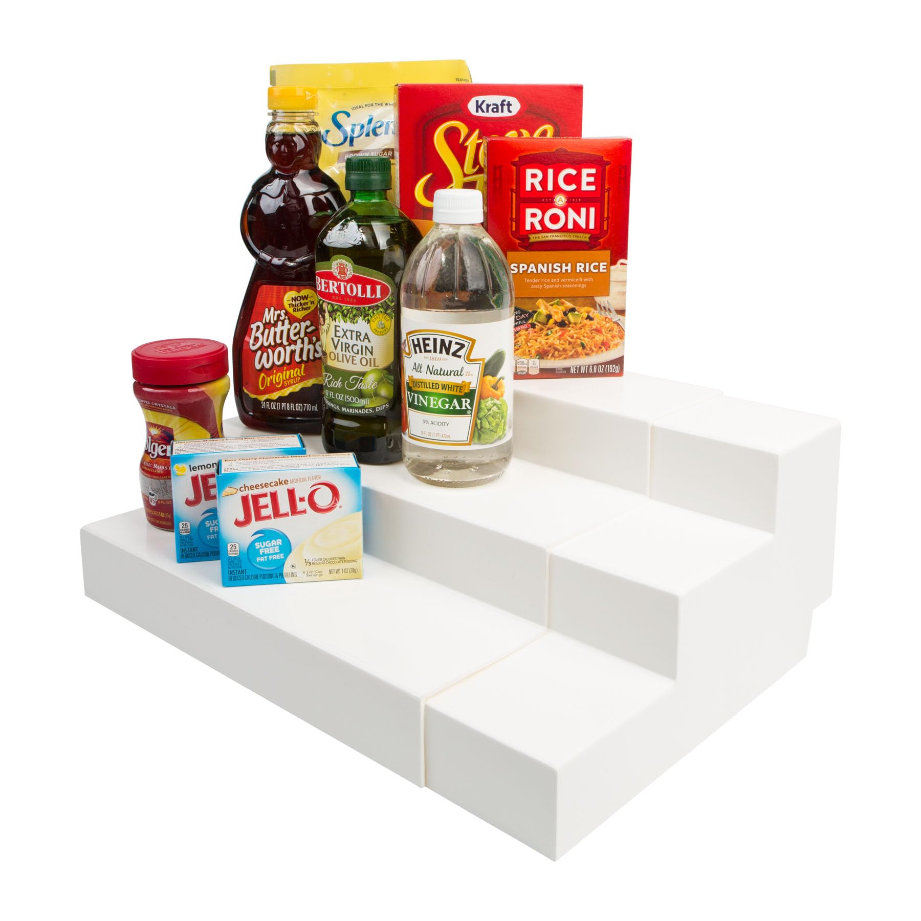 Dial Industries 3-tier adjustable shelves improve cabinet visibility for canned goods.