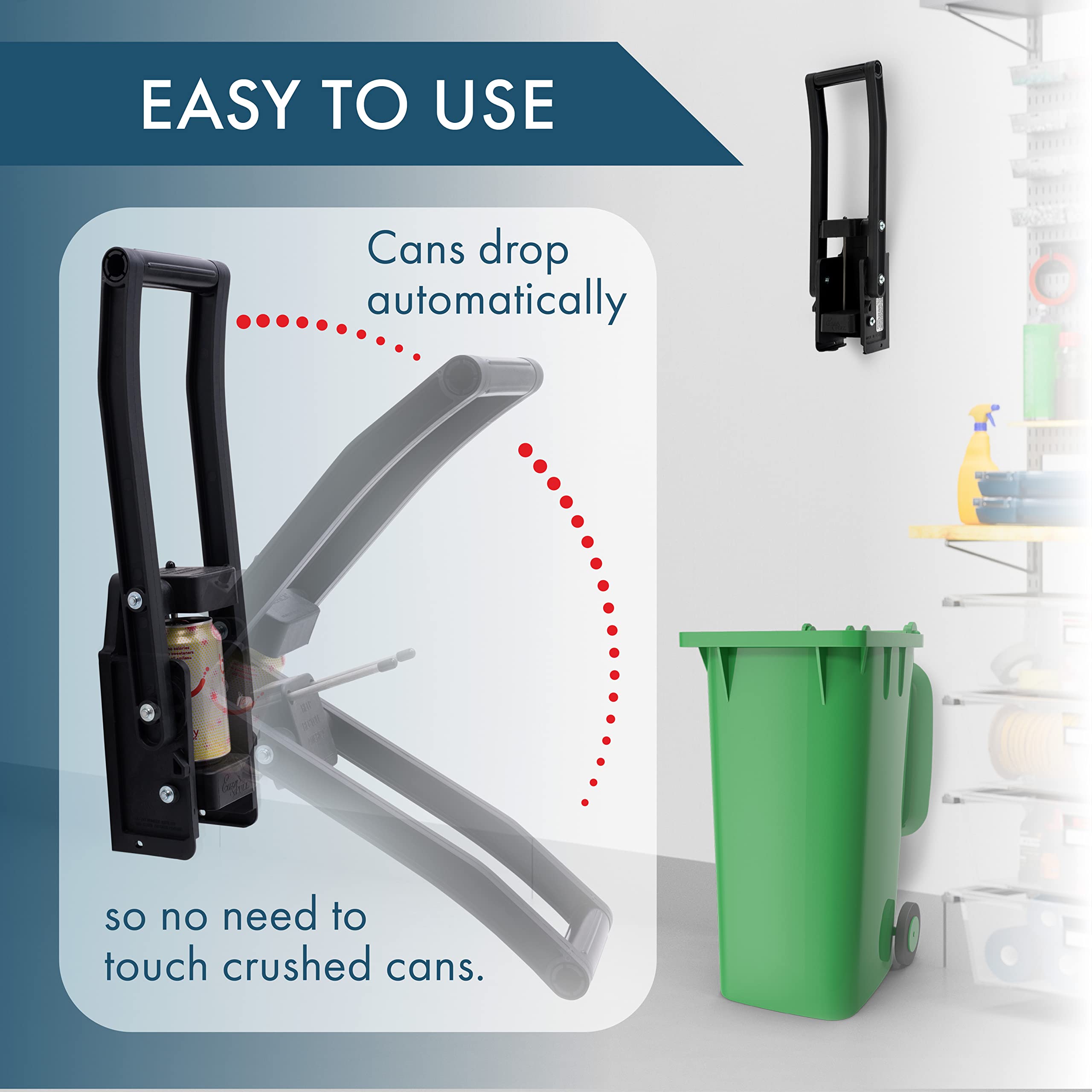 Dial Industries auto-dispensing crusher drops crushed cans safely, reducing contact