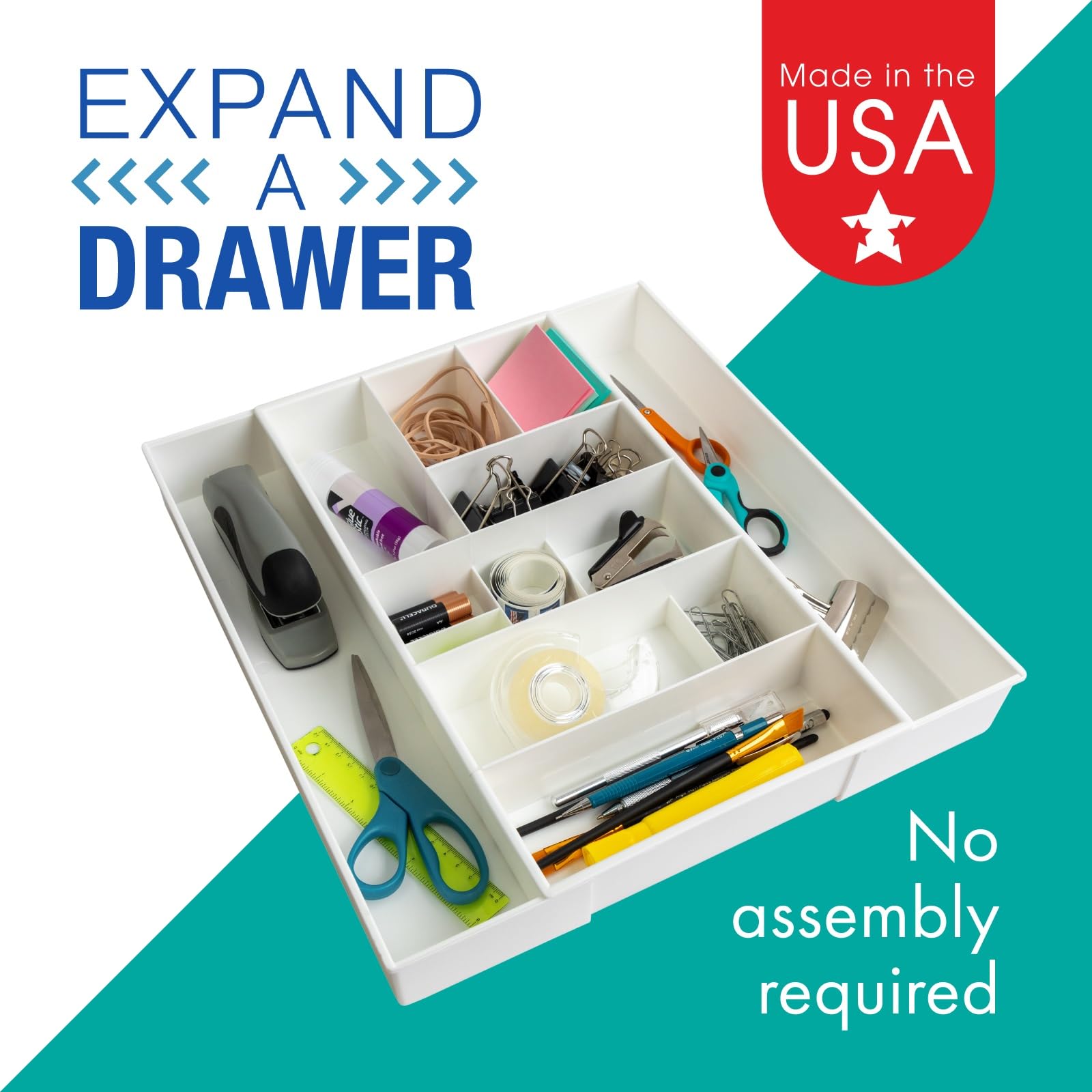 Dial Industries expandable junk drawer expanded with clear 13 compartments visible