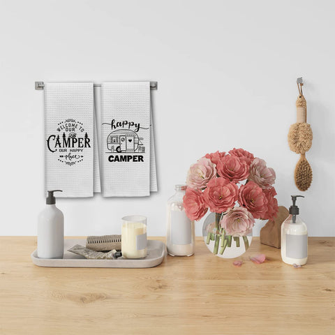 Dibor Happy Camper towels add rustic campsite decor and drying tasks.