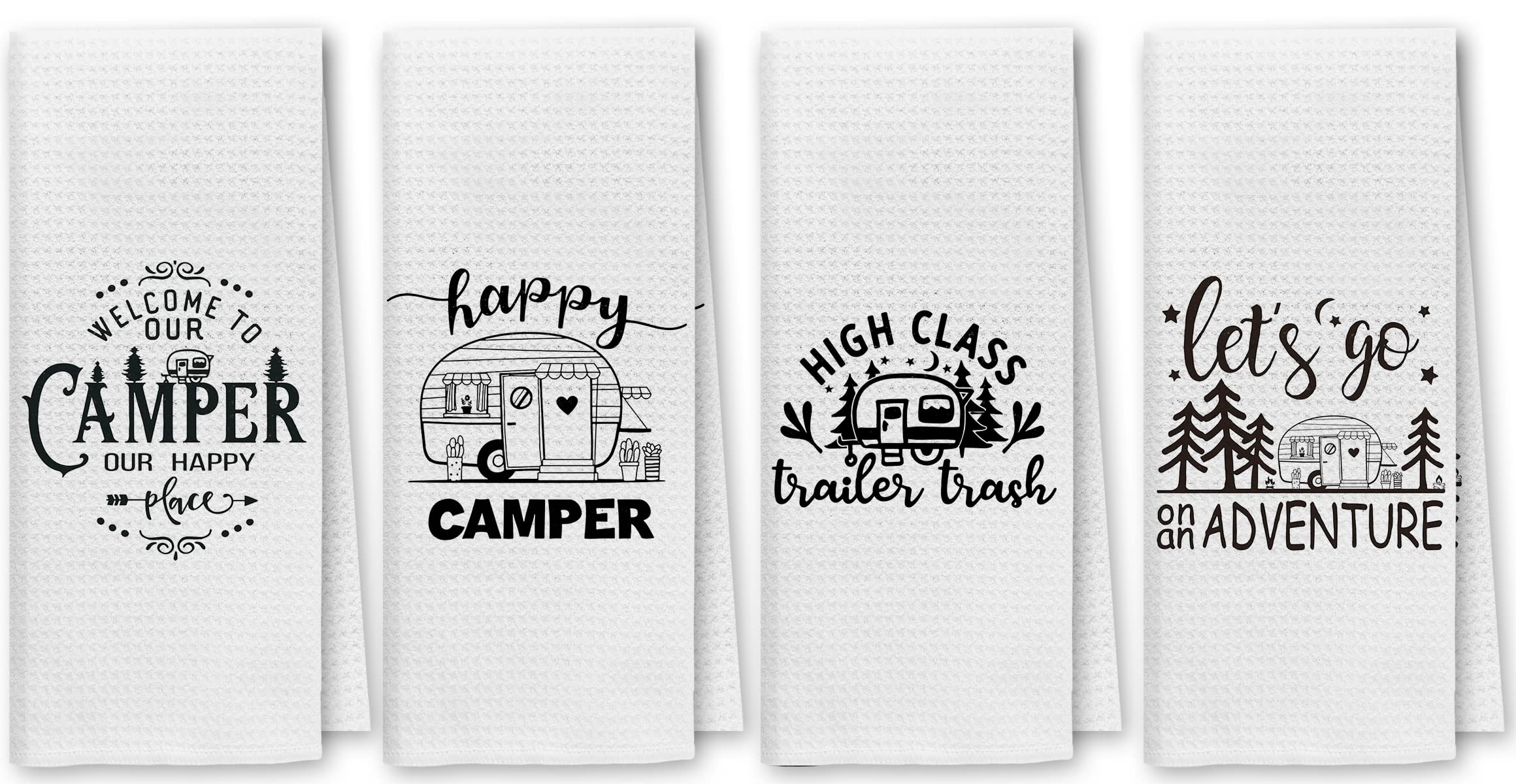 Dibor Happy Camper dish towels 4-pack for quick kitchen drying.
