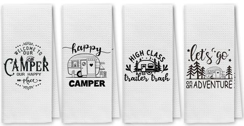 Dibor Happy Camper dish towels 4-pack for quick kitchen drying.