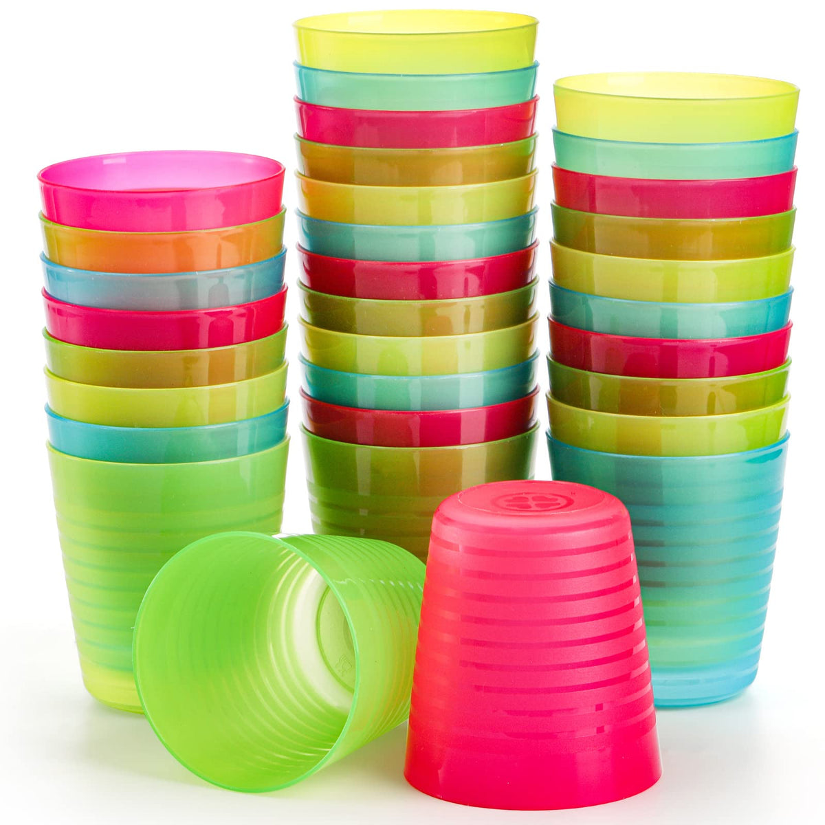 Dicunoy 32-pack 8oz rainbow cups with open tops ideal for easy sipping.
