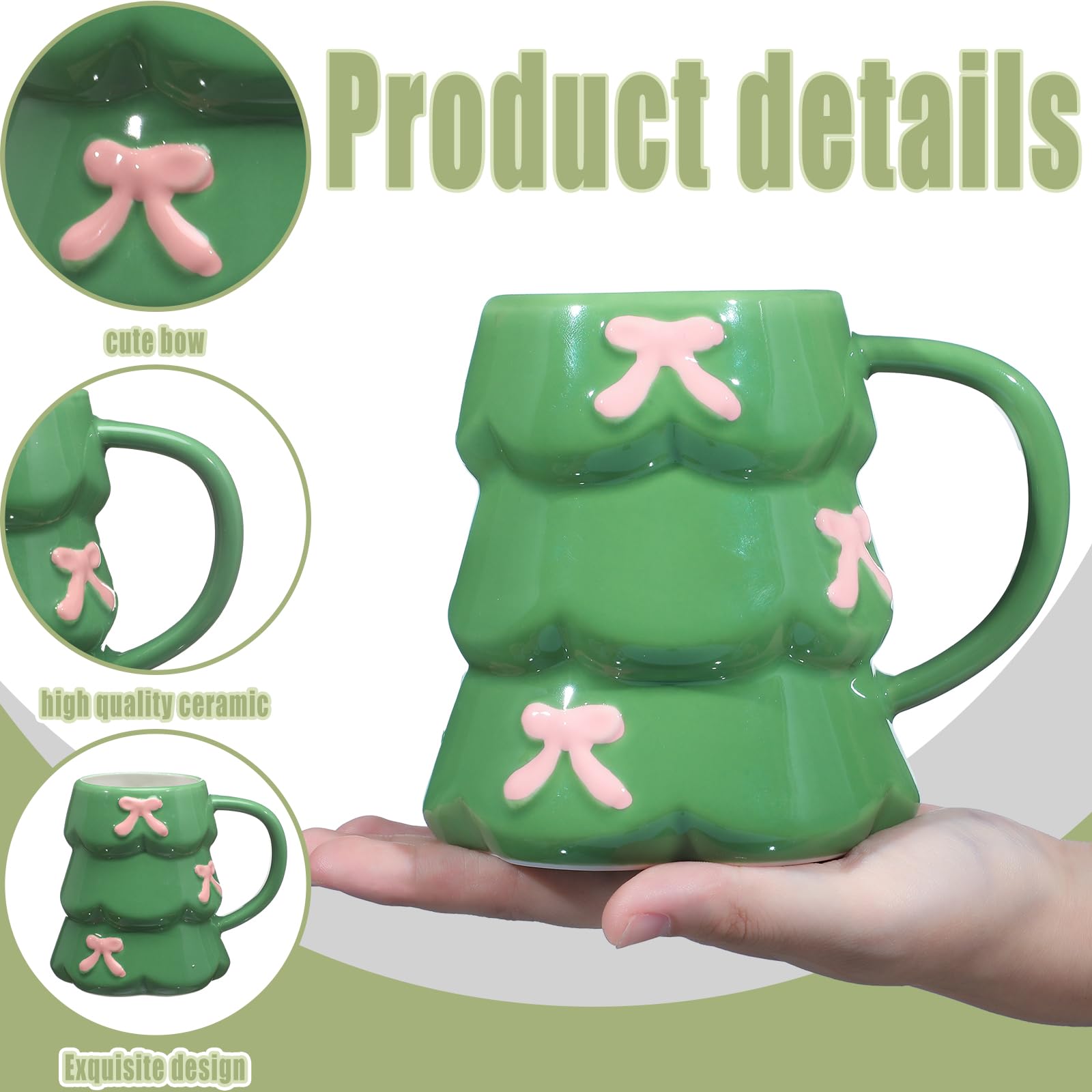 Green ceramic Didaey mug showcases festive charm with delicate pink bow.