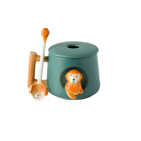 DIHOclub ceramic mug with lid and spoon featuring a 3D golden retriever design for everyday use