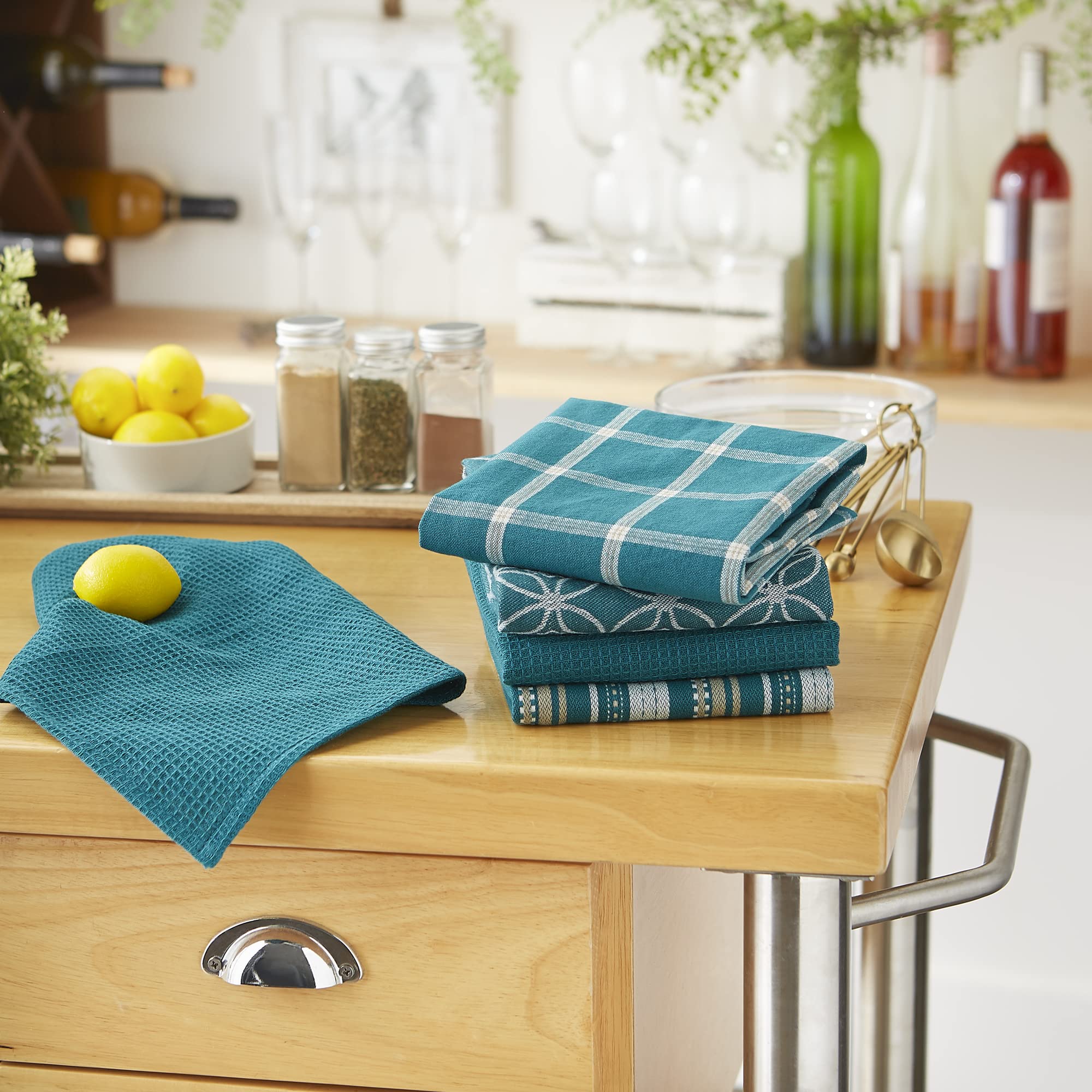 DII Assorted Woven Kitchen Set ultra-absorbent-teal towels for quick drying.
