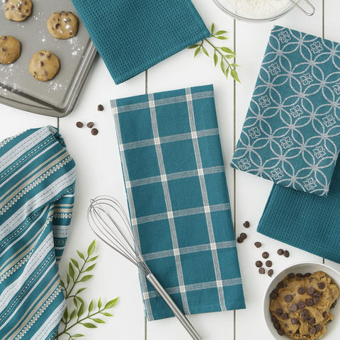 DII Assorted Woven Kitchen Set closeup-teal-weave highlights soft cotton texture.