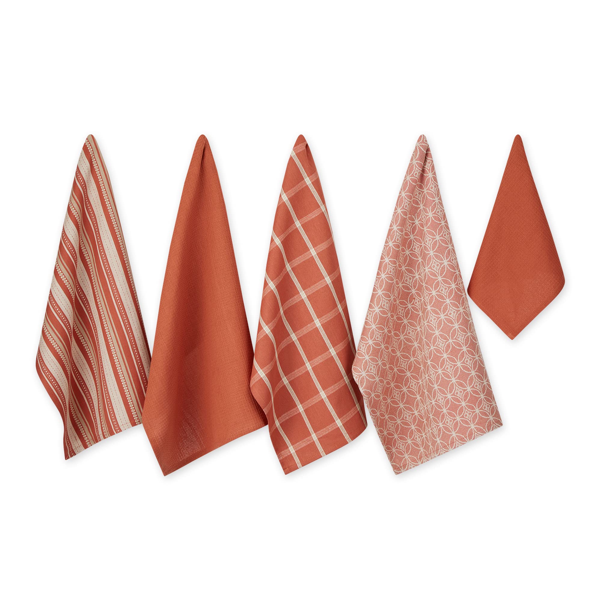 DII assorted woven kitchen set dish towels 18x28 on counter showing absorbent performance