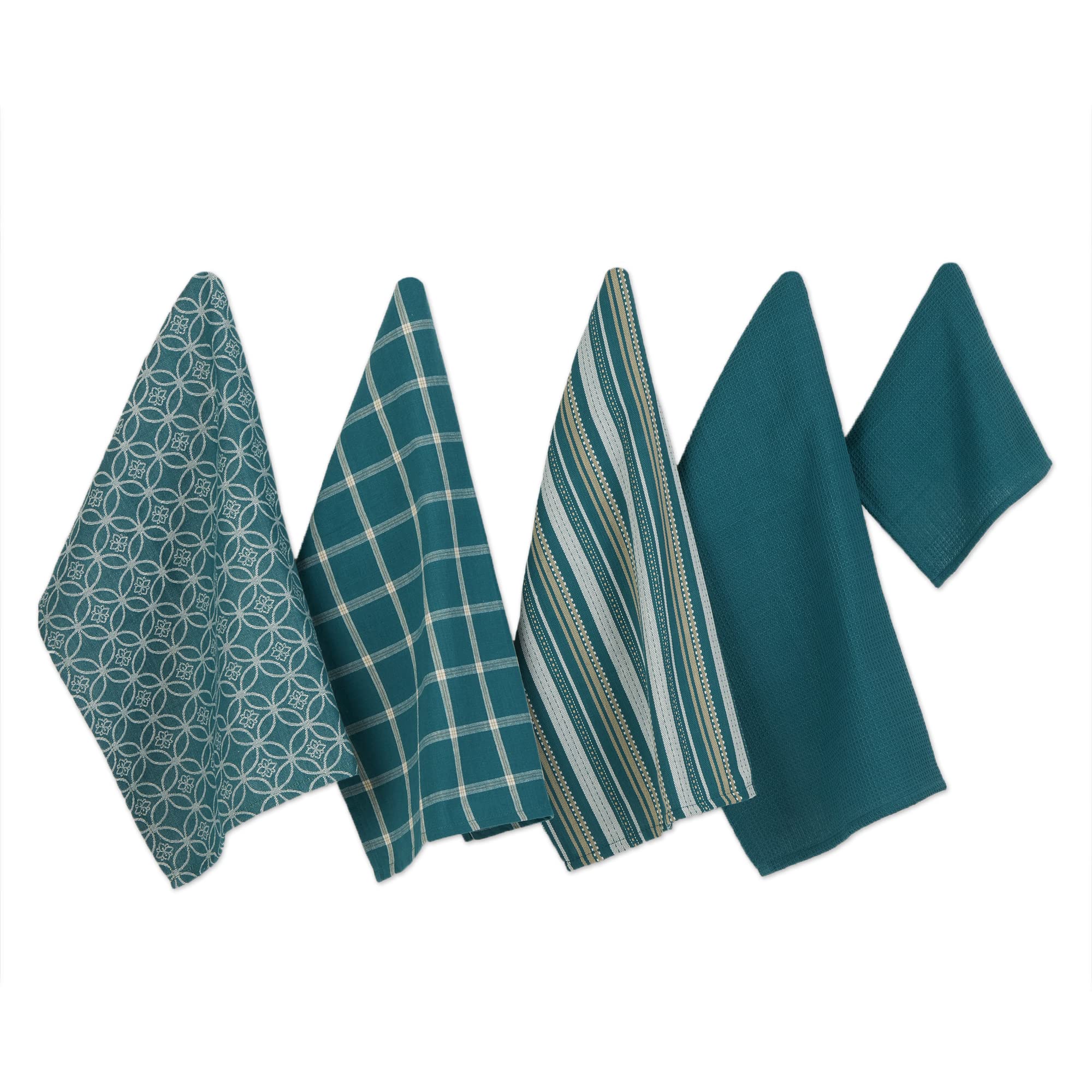 DII Assorted Woven Kitchen Set dishtowels-teal-18x28 for quick absorption during cooking cleanup.