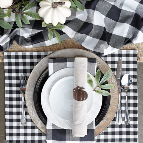 Indoor-outdoor friendly buffalo check runner on a table
