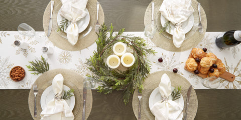 DII festive table runner complements centerpieces and place settings.
