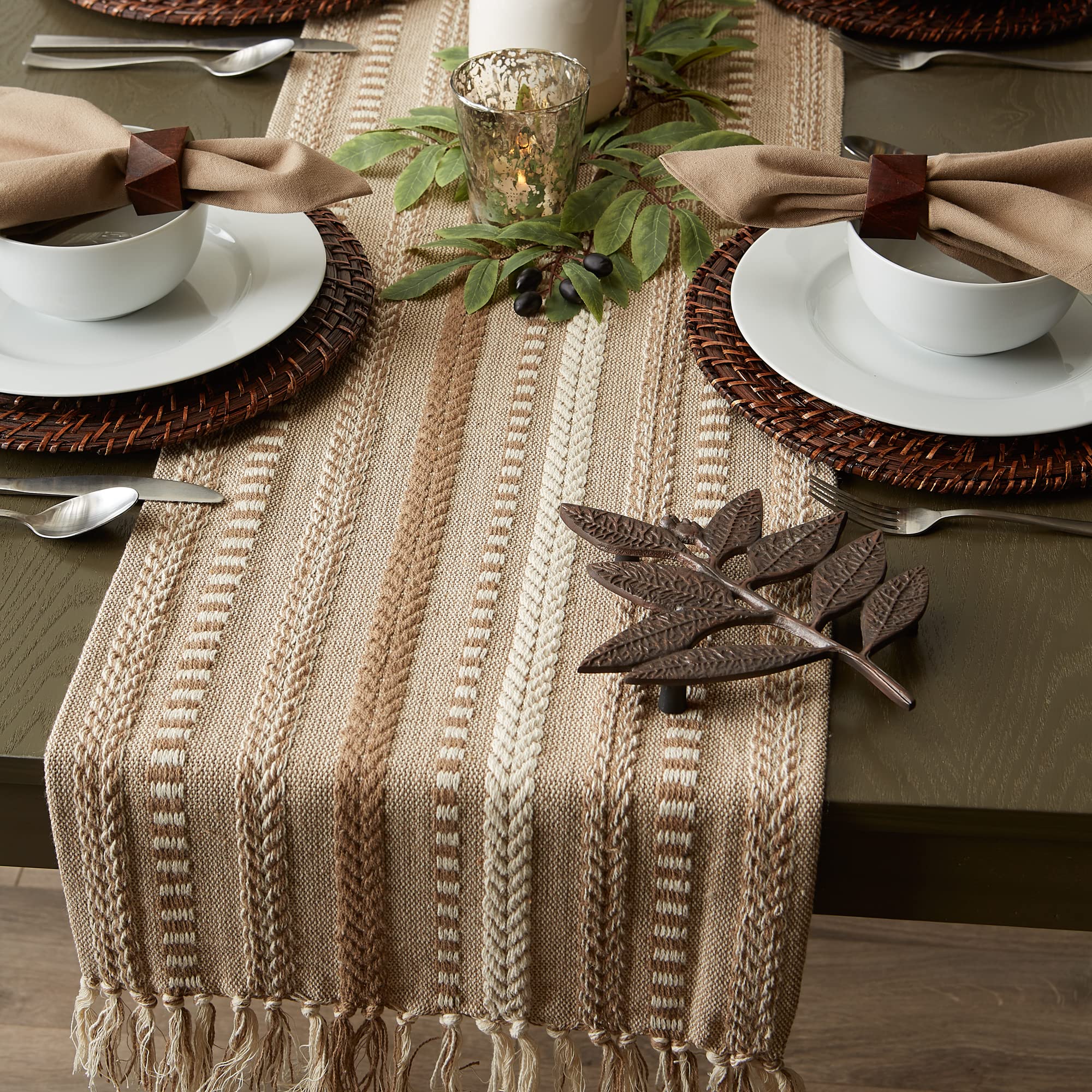 DII Farmhouse braided stripe table runner closeup fabric reveals woven texture.