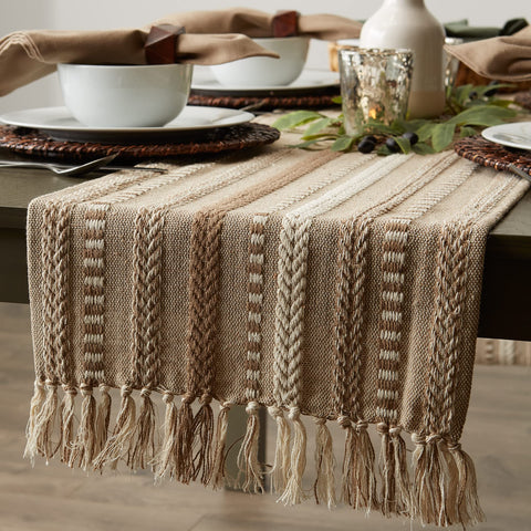 DII Farmhouse braided stripe table runner with dishware setup protects table surface.