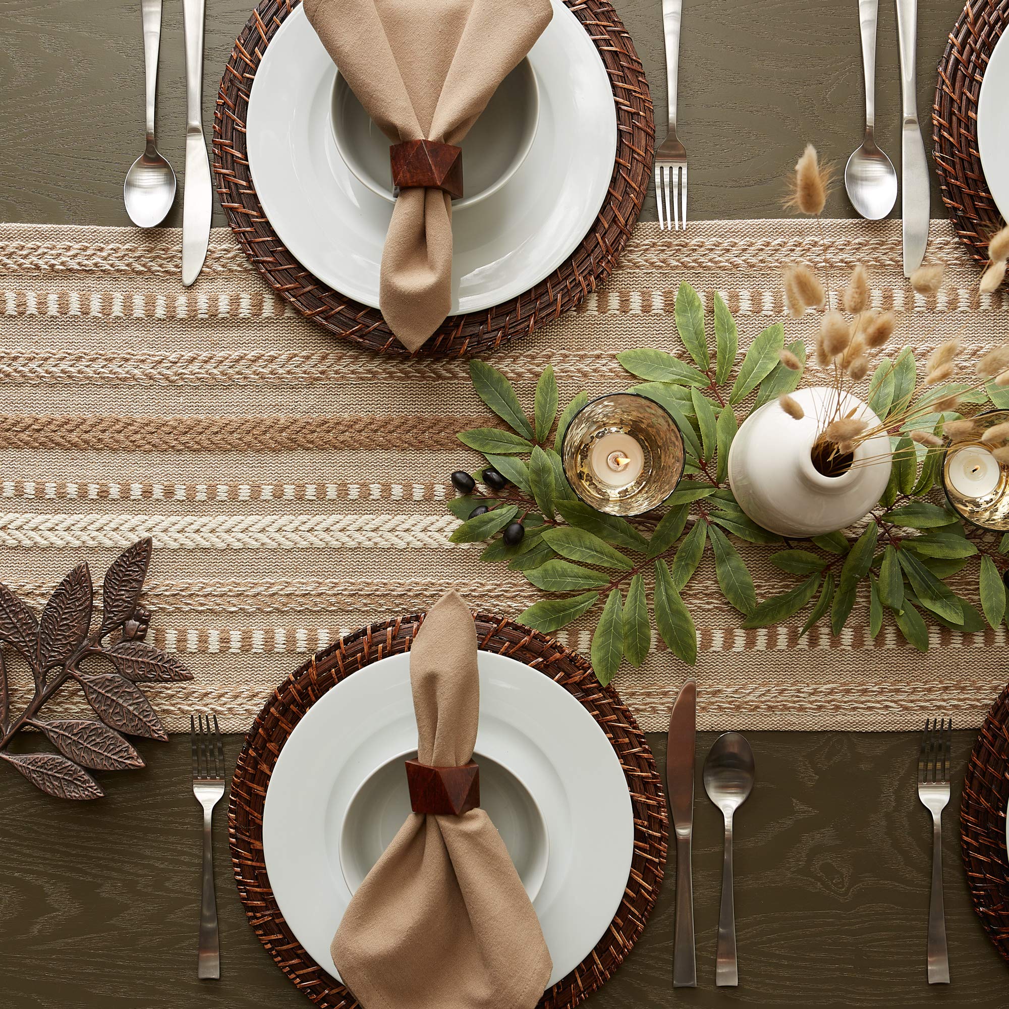 DII Farmhouse braided stripe table runner holiday table setting enhances ambience.