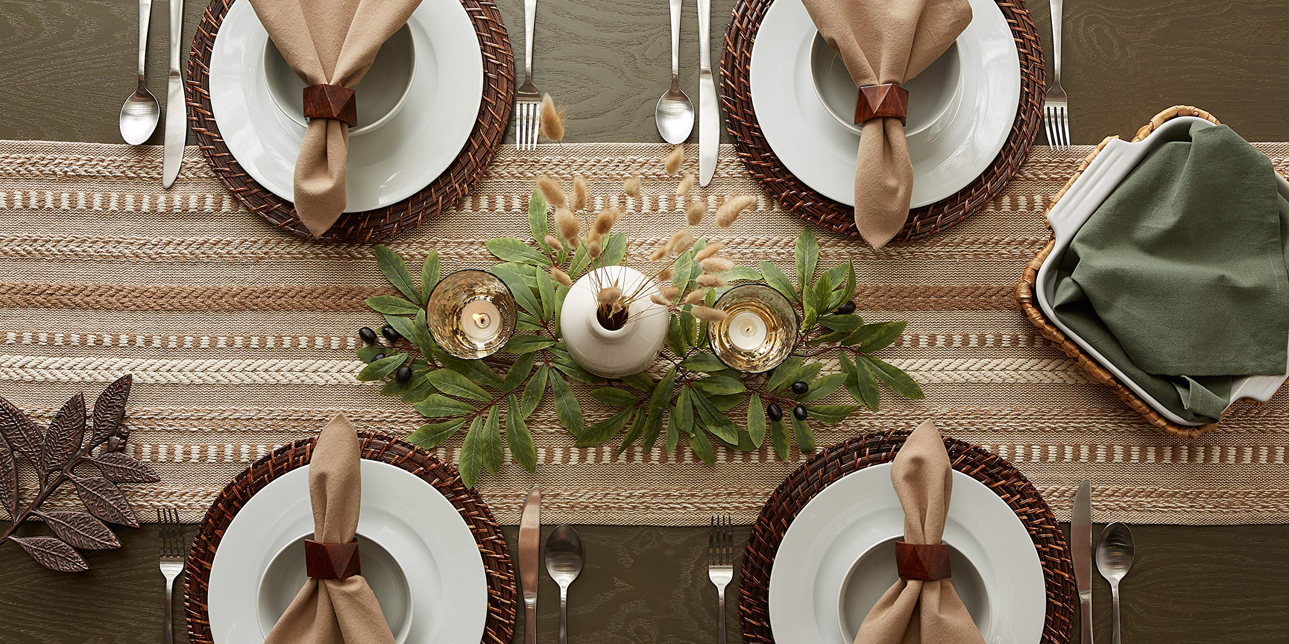 DII Farmhouse braided stripe table runner wide view across dining room.