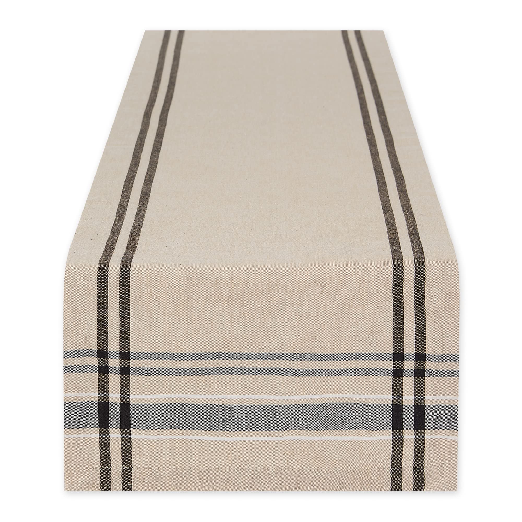 DII French Stripe table runner on table with taupe and black finish, elevating dining look