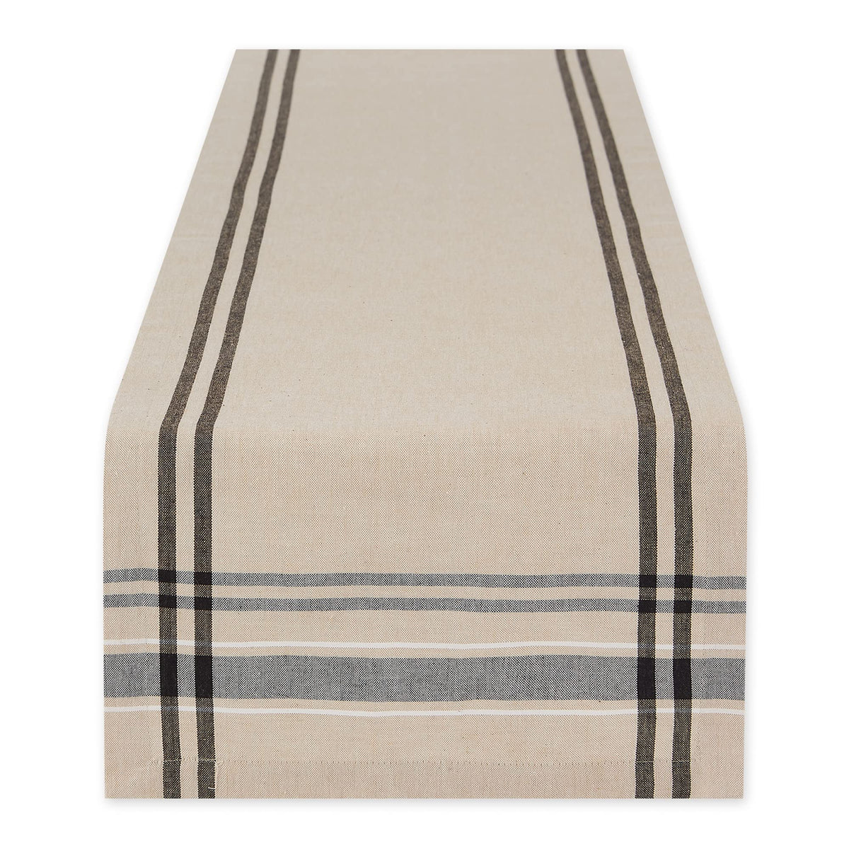 DII French Stripe table runner on table with taupe and black finish, elevating dining look