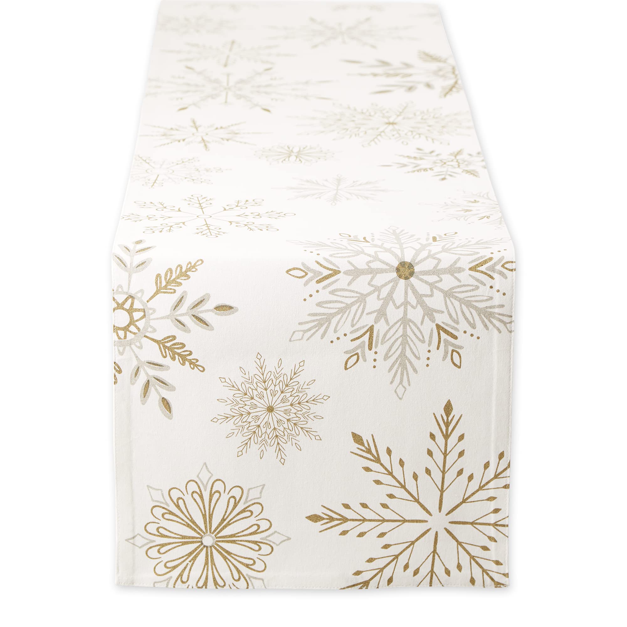 DII holiday table runner with snowflake sparkle enhances festive dining ambiance.