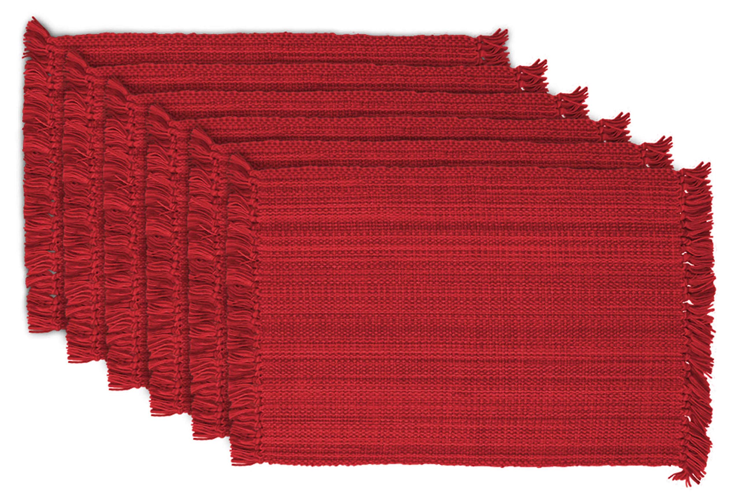 DII variegated placemats tango red fringe close up for textured dining ambiance