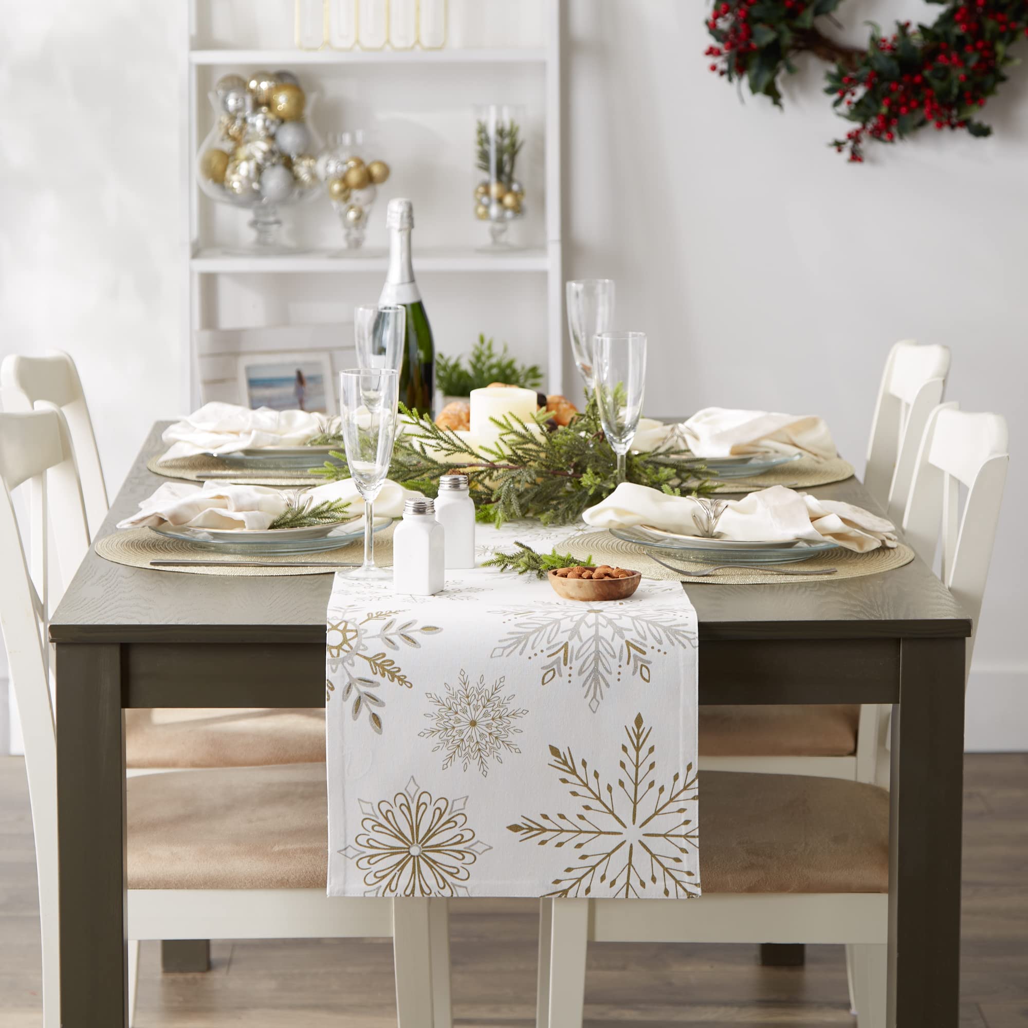 DII jacquard sparkle runner brings tactile elegance to winter tables.