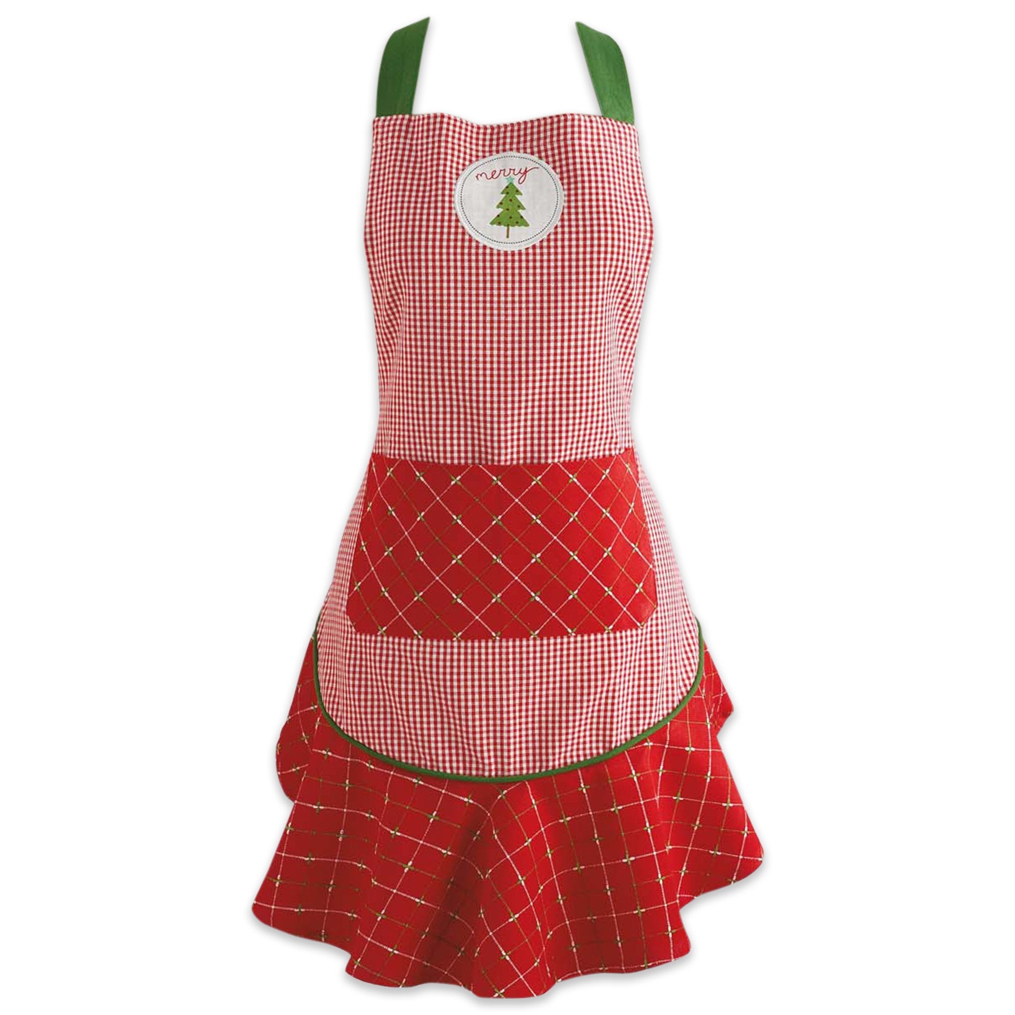 DII women's Christmas apron front view shows Merry Tree design with convenient pocket.