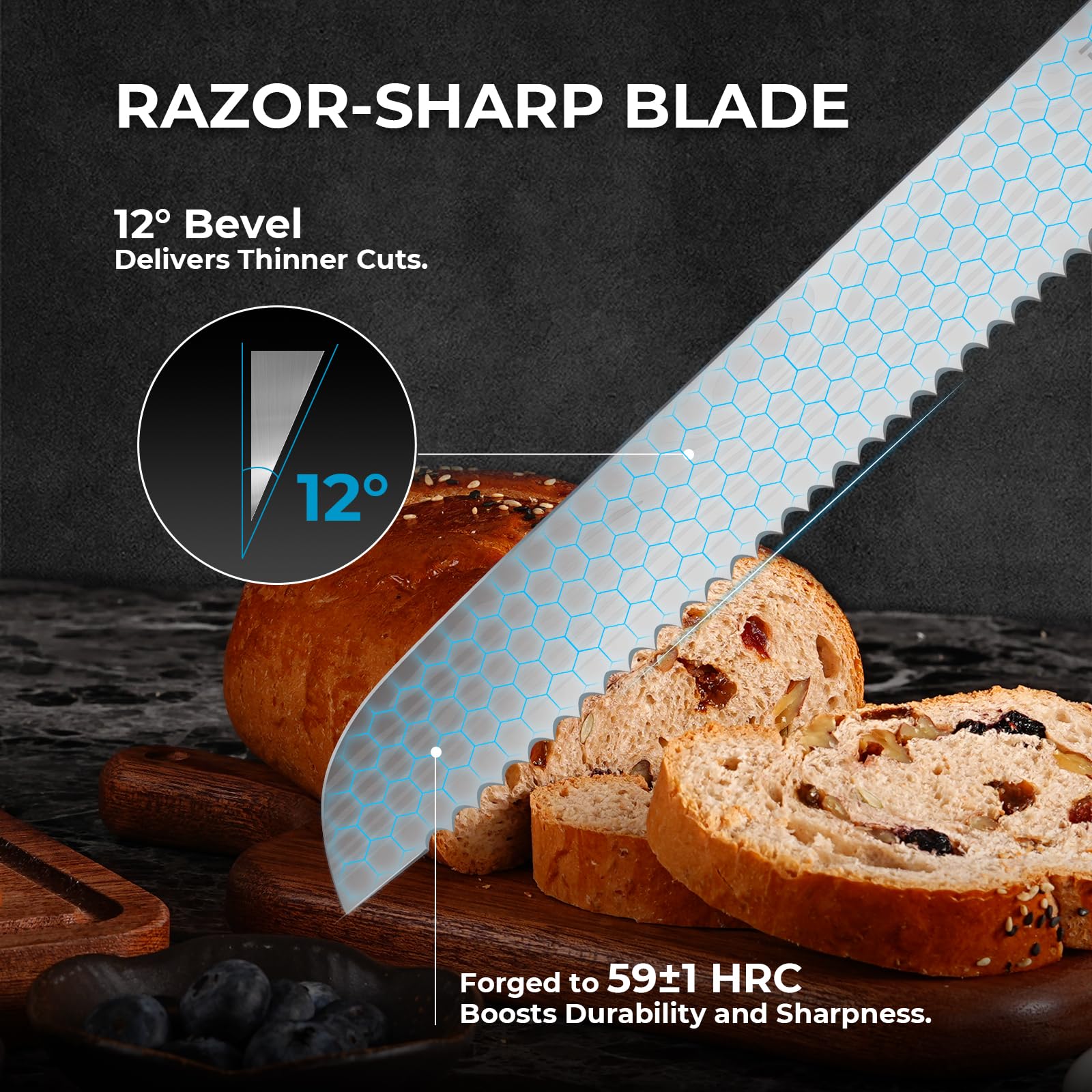 DiiHAUZZ bread knife handles dense sourdough and delicate pastries.