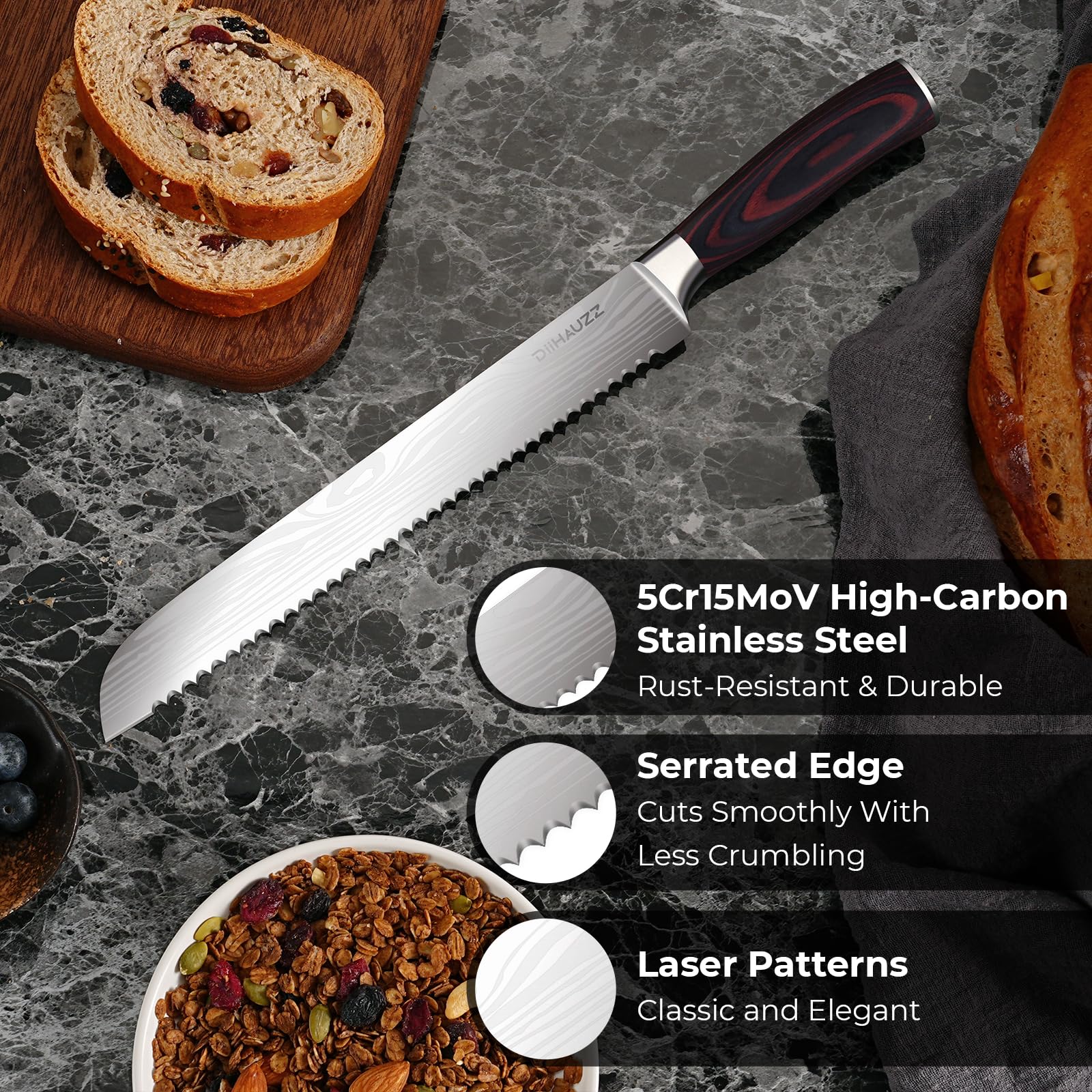 DiiHAUZZ pakkawood handle offering secure, comfortable grip.