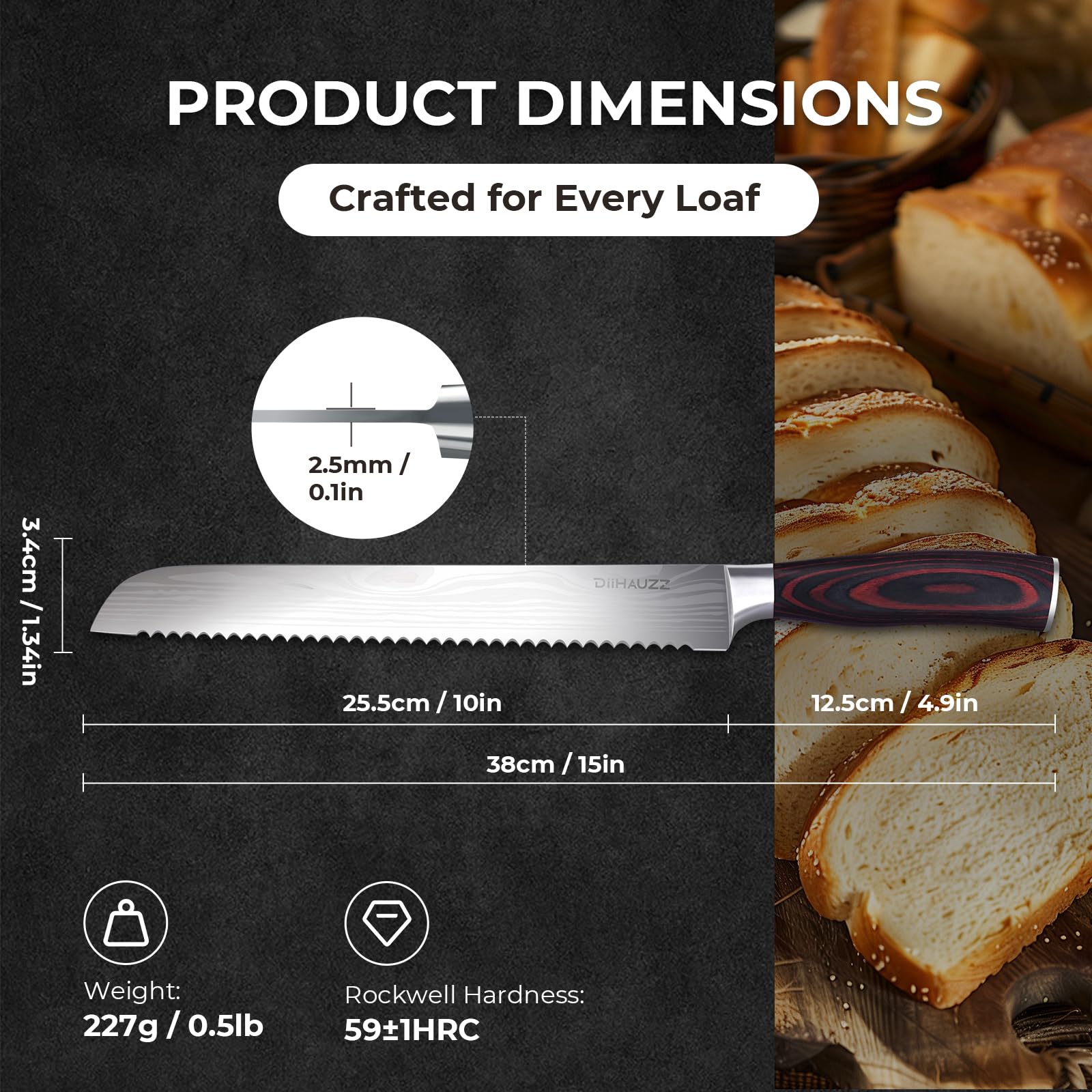 DiiHAUZZ serrated edge slicing crusts with precision.