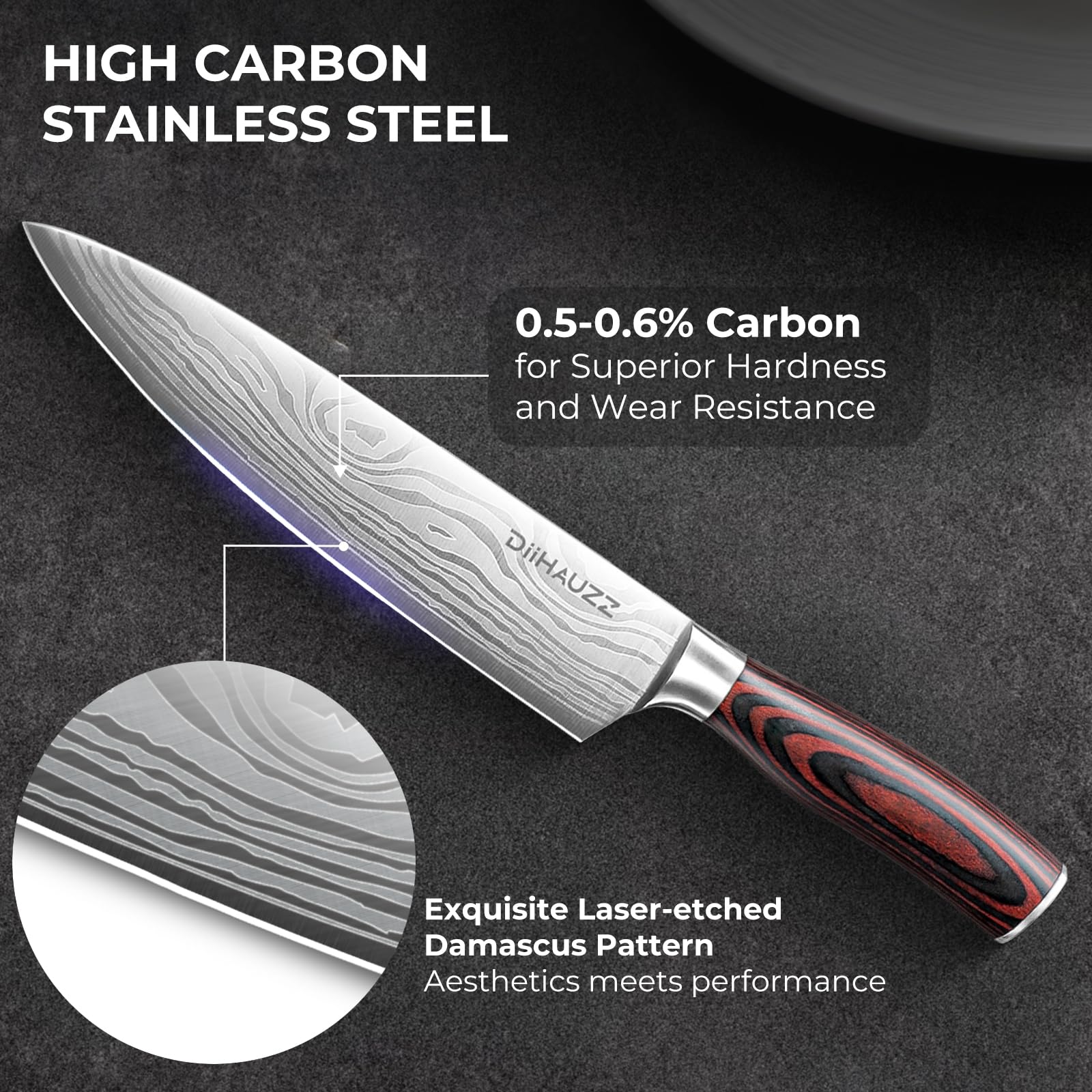 DiiHAUZZ forged blade with 59±2 HRC for durability.
