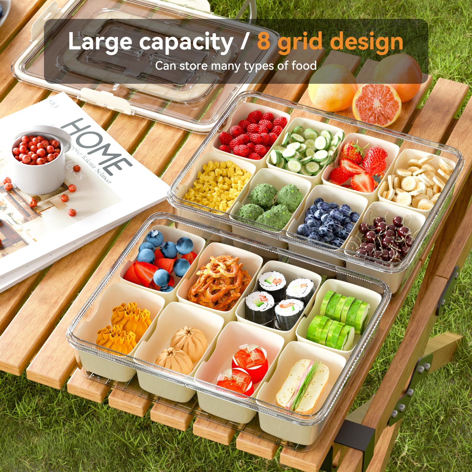 Dimber Snackle Box with eight compartments keeps snacks organized for picnics and parties.