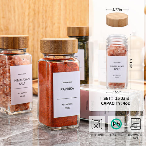 DIMBRAH glass spice jars show contents at a glance for quick prep.