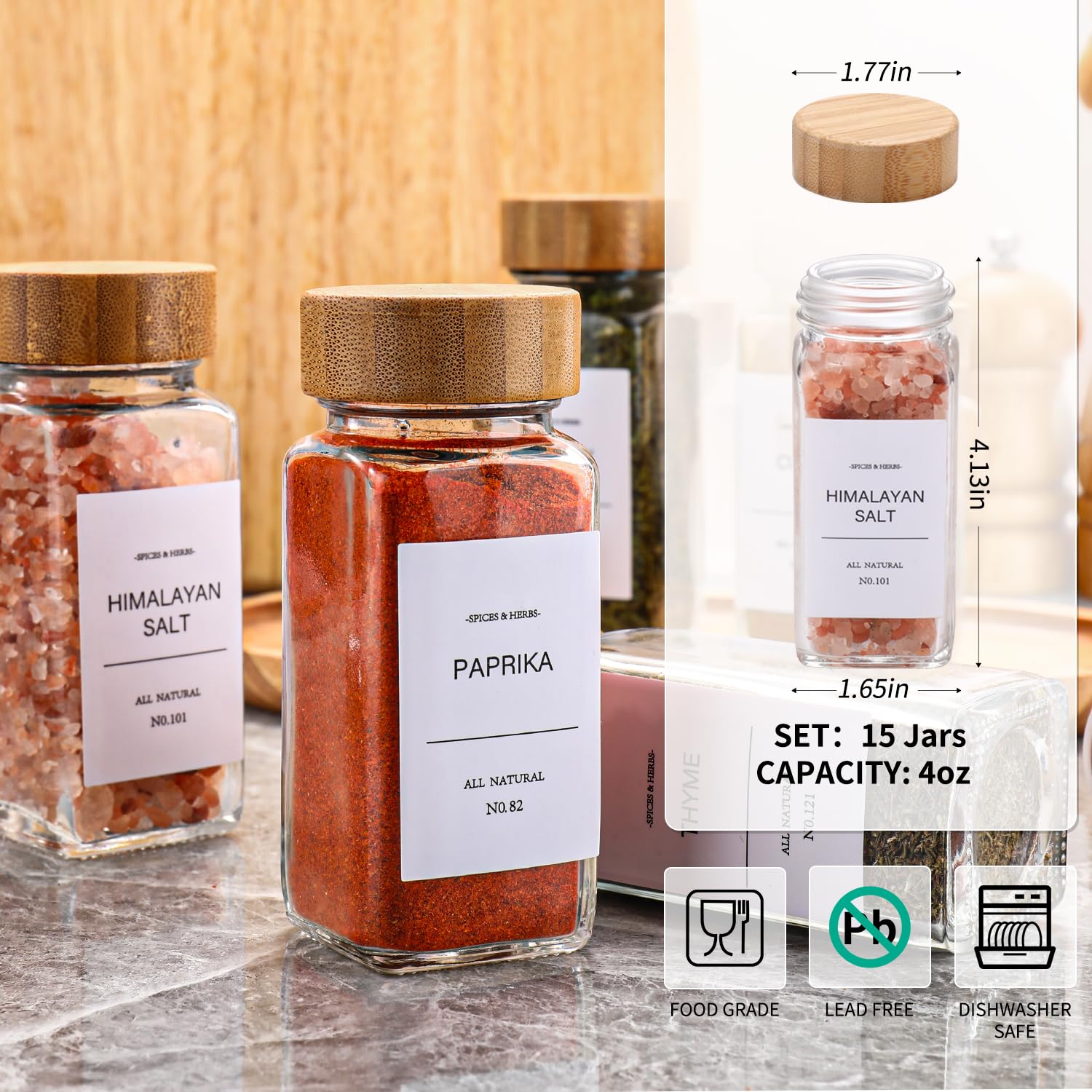 DIMBRAH spice jars featuring bamboo lids for freshness