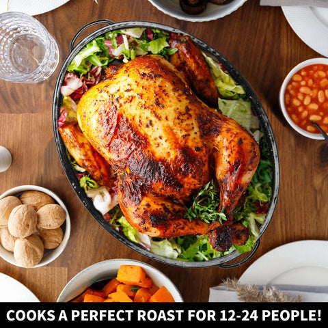 DIMESHY oval roaster with cover ready for turkey or chicken.