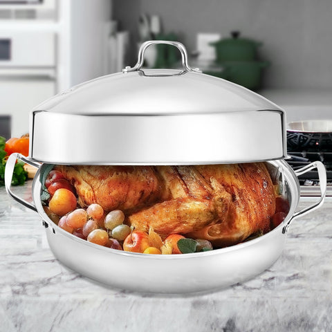 DIMESHY oval roasting pan with rack showing elevated meat setup