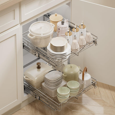 DINDON pull-out cabinet organizer side-view highlights slim profile for tight cabinets.