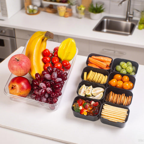 Dingerjar with eight removable compartments keeping fruits, nuts, and candies neatly separated