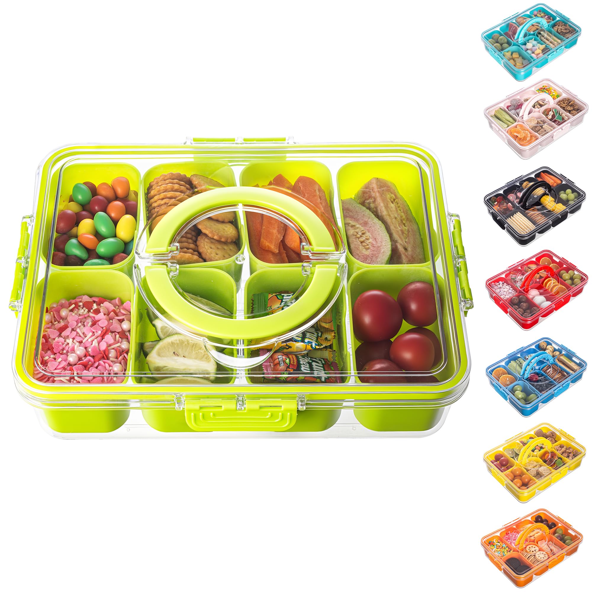 Dingerjar divided-serving-tray with lid and handle for easy transport of snacks.