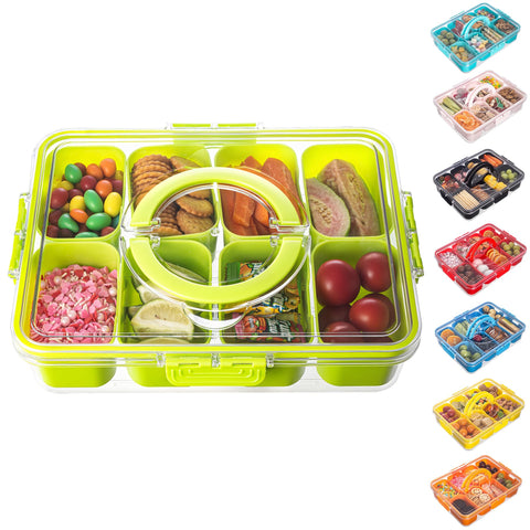 Dingerjar divided-serving-tray with lid and handle for easy transport of snacks.