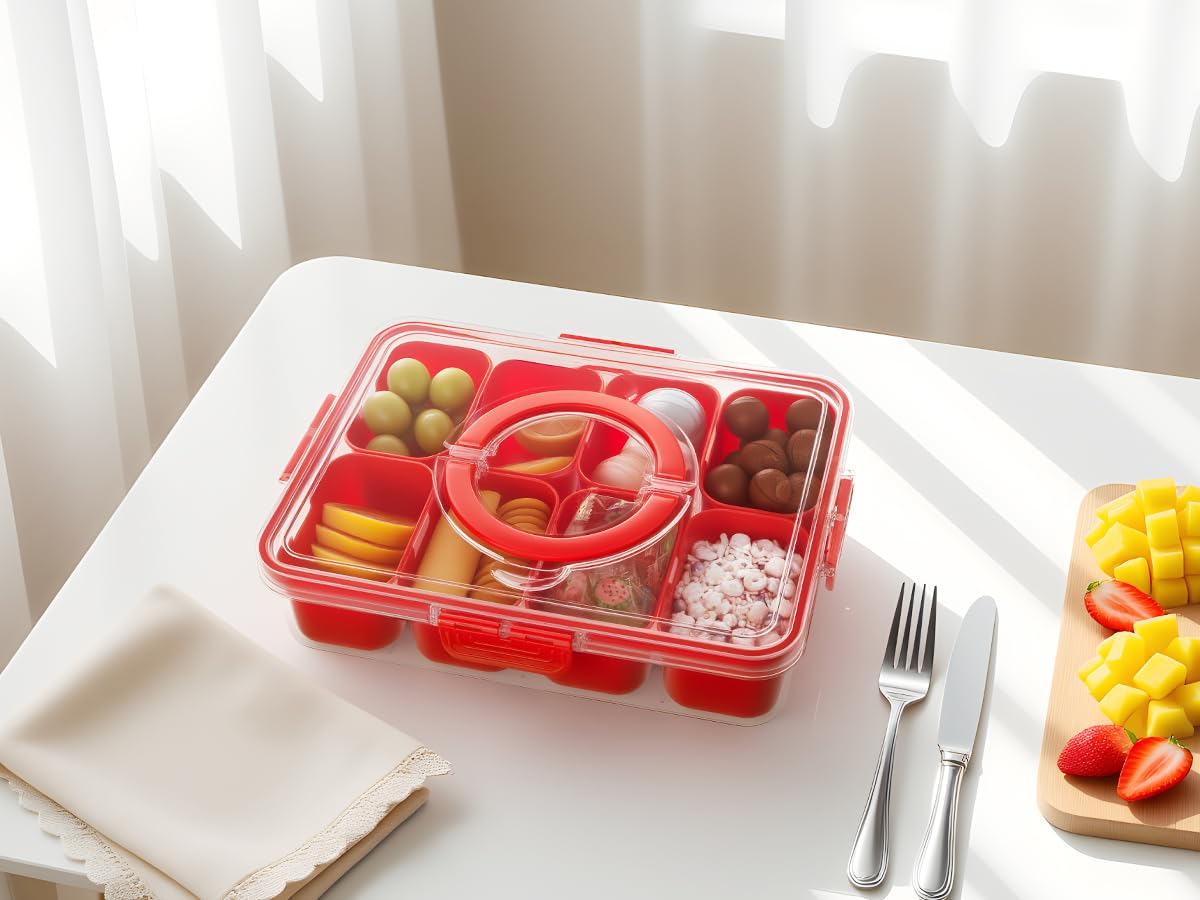 Dingerjar-red-snack-tray-with-lid-and-handle supports spill-free transport.