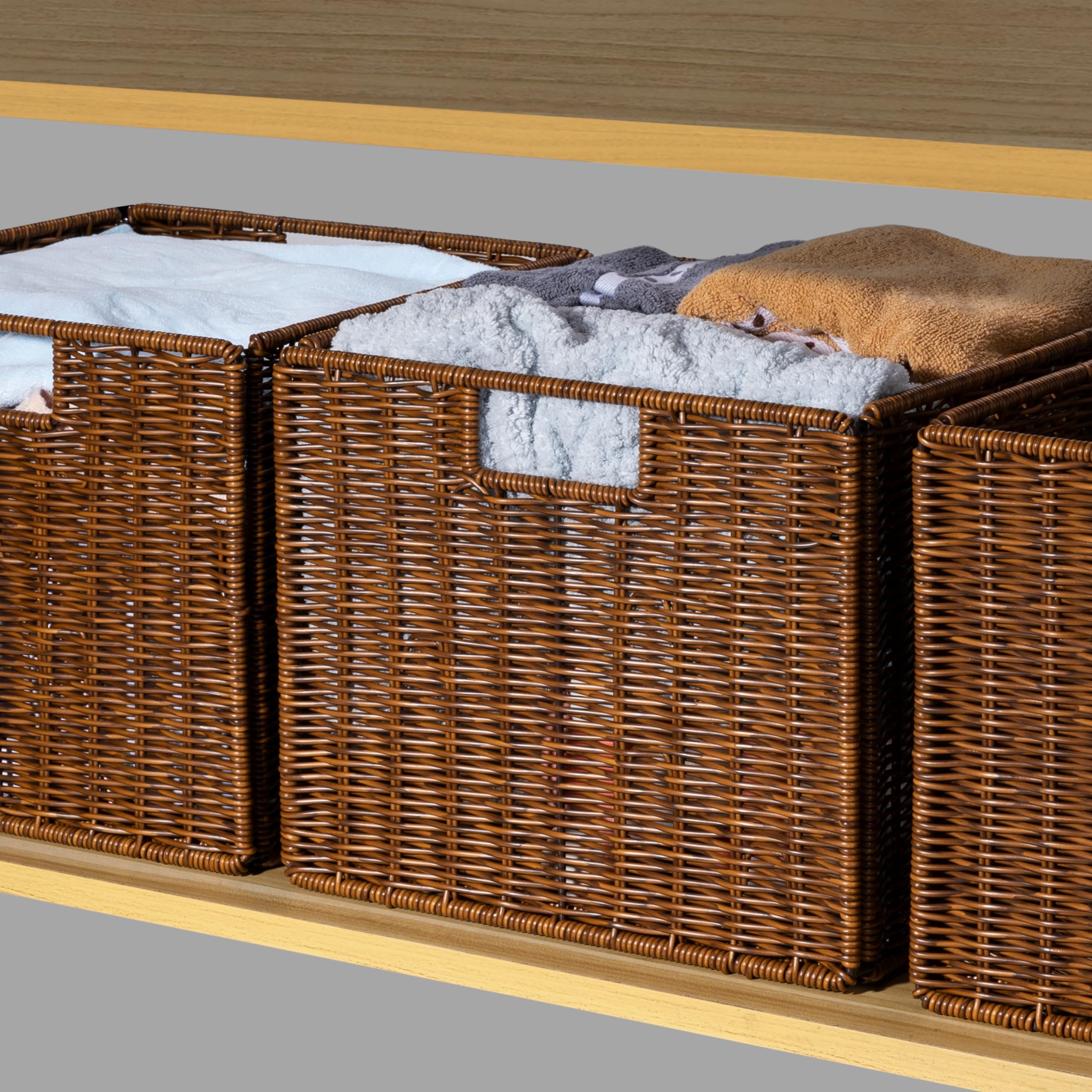 DINGTAI bathroom toiletries basket organizing essentials on a shelf.