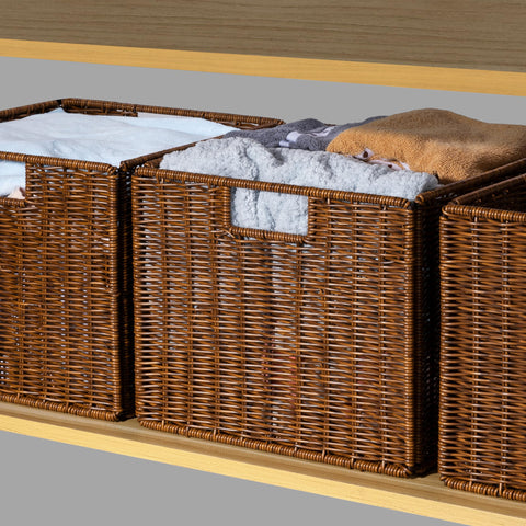DINGTAI bathroom toiletries basket organizing essentials on a shelf.
