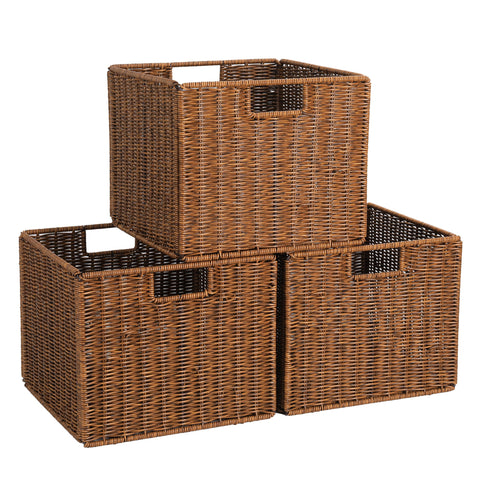DINGTAI large cube wicker basket, front view on shelf, for tidy storage.