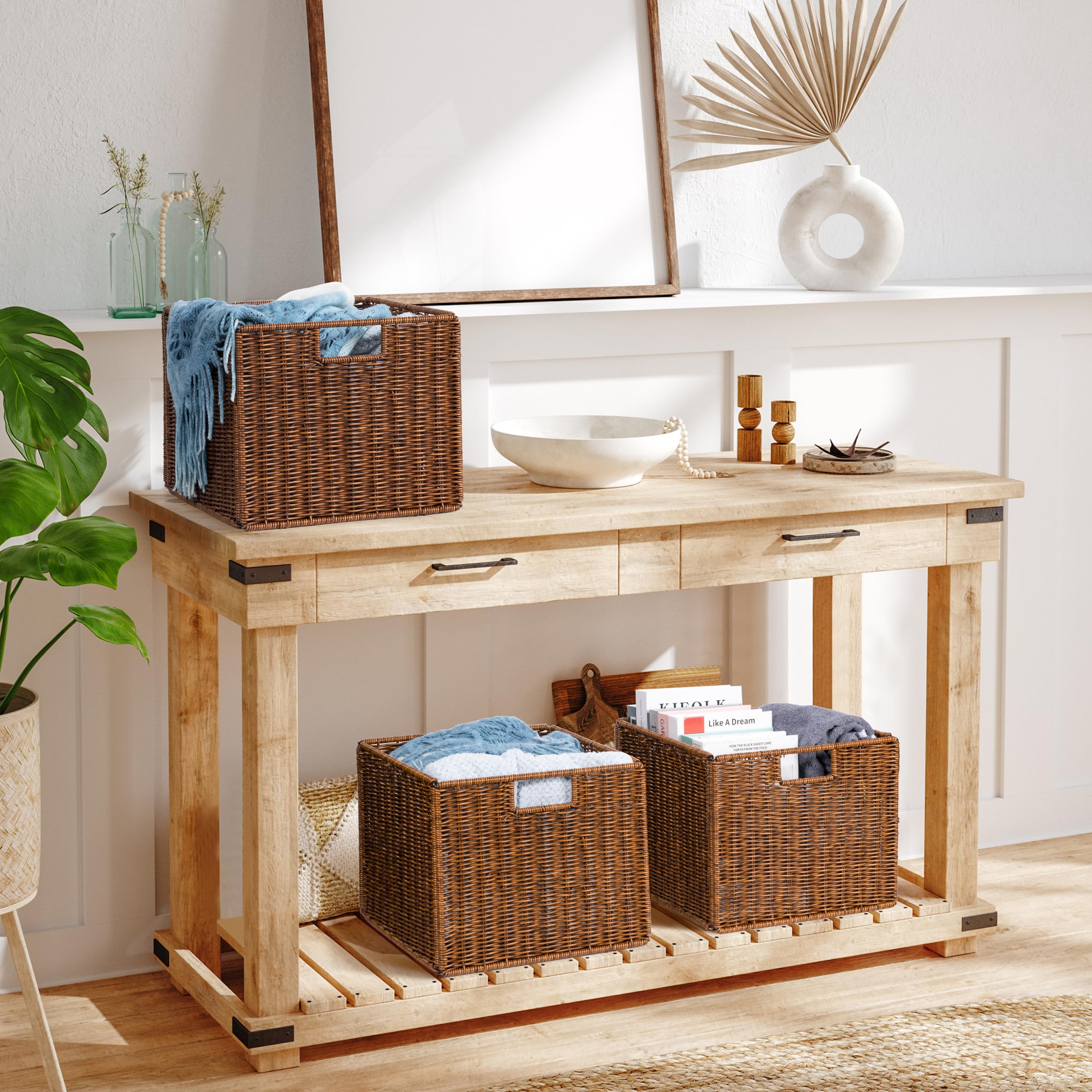 DINGTAI large cube wicker basket, side view showing sturdy frame and weave.