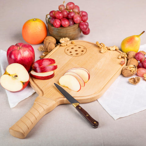 DinkCraft pickleball charcuterie board side view emphasizes ergonomic paddle-inspired shape