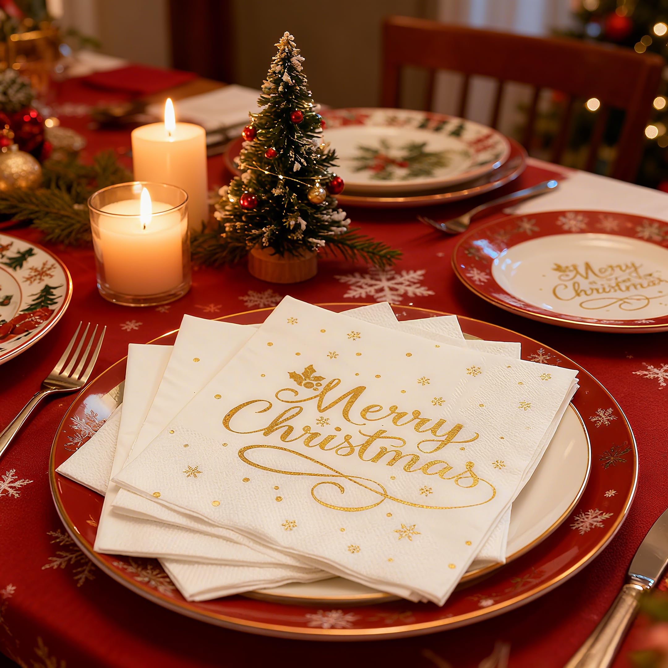 Dinokowa holiday decor napkins add festive flair to buffets and dessert tables.