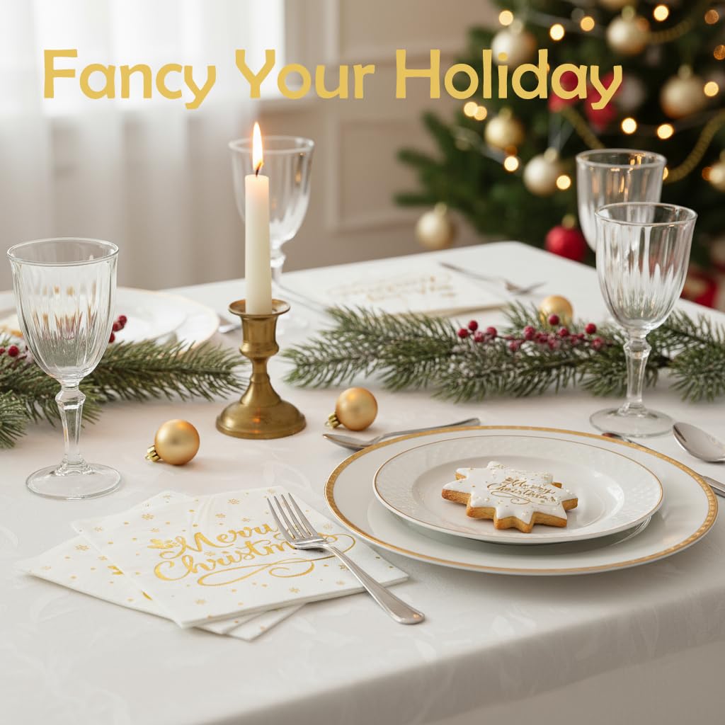 Dinokowa table decor napkins with gold foil elevate holiday table settings.