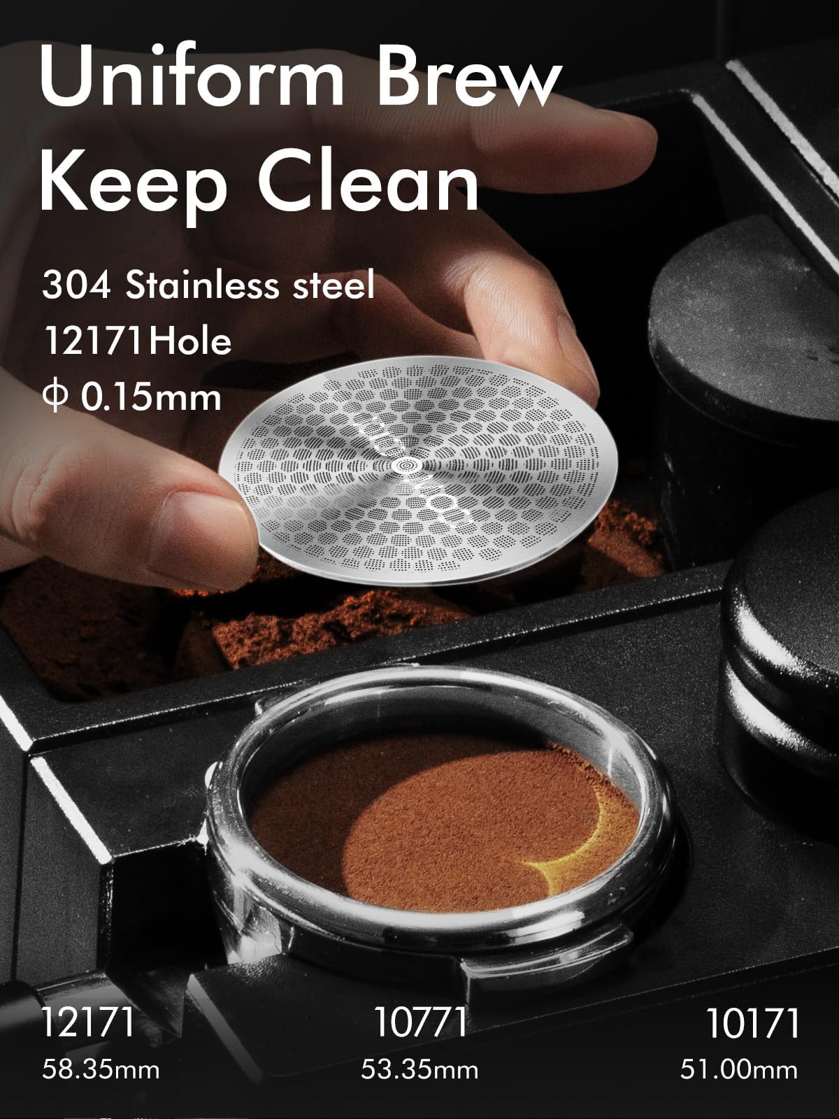 Dioomod puck screen fits 54mm portafilters for stable, efficient extractions.