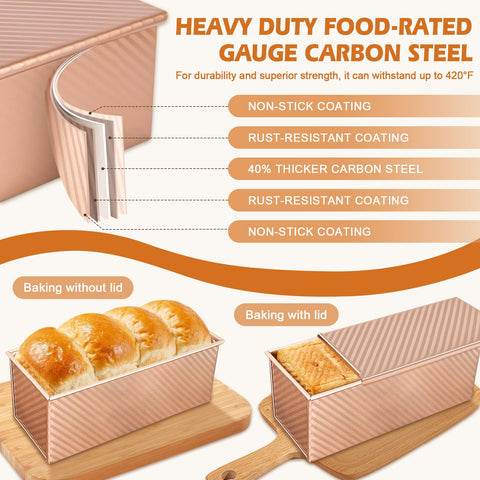 Dipanist pullman loaf pan side view, non-stick coating enables clean loaf release.