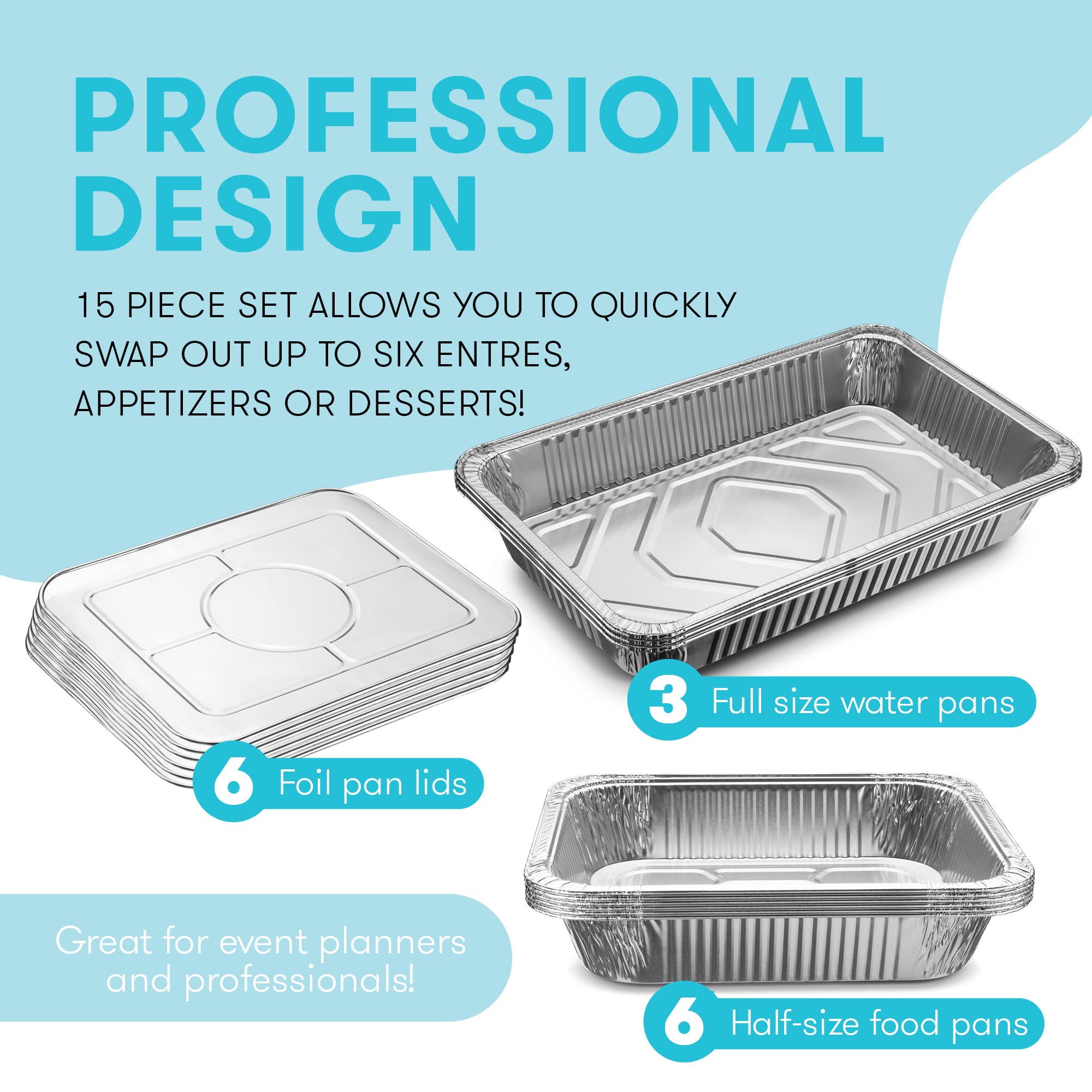 Diplastible buffet servers shown with chrome rack for quick setup.