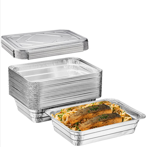 Diplastible disposable aluminum pan with lid shown for secure serving and transport at events